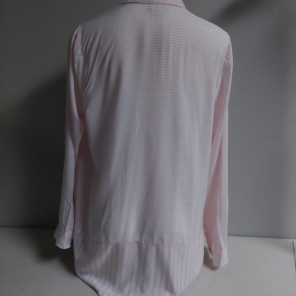 J Jill Pink White Stripped Tunic Top Button Down Light Silky Long Sleeve Size L - Picture 2 of 10